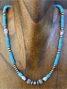 Sterling Silver Blue White Buffalo Turquoise Bead Pearls Necklace. 18 inch